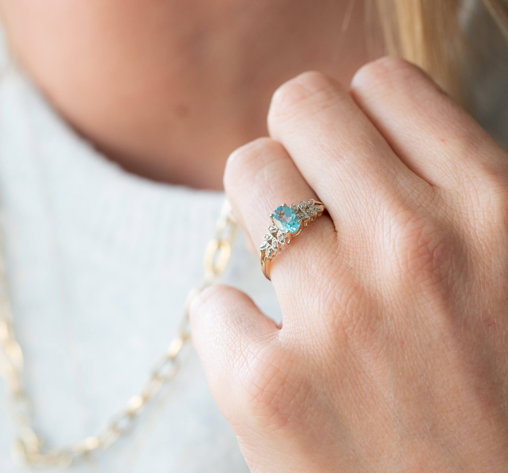 aquamarijn en diamanten vintage ring